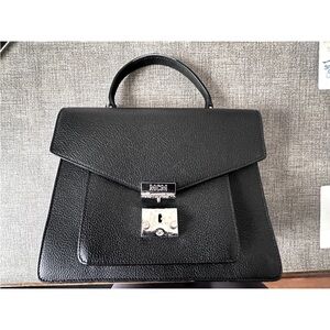MCM Black Leather Top-Handle Satchel with Silver Hardware